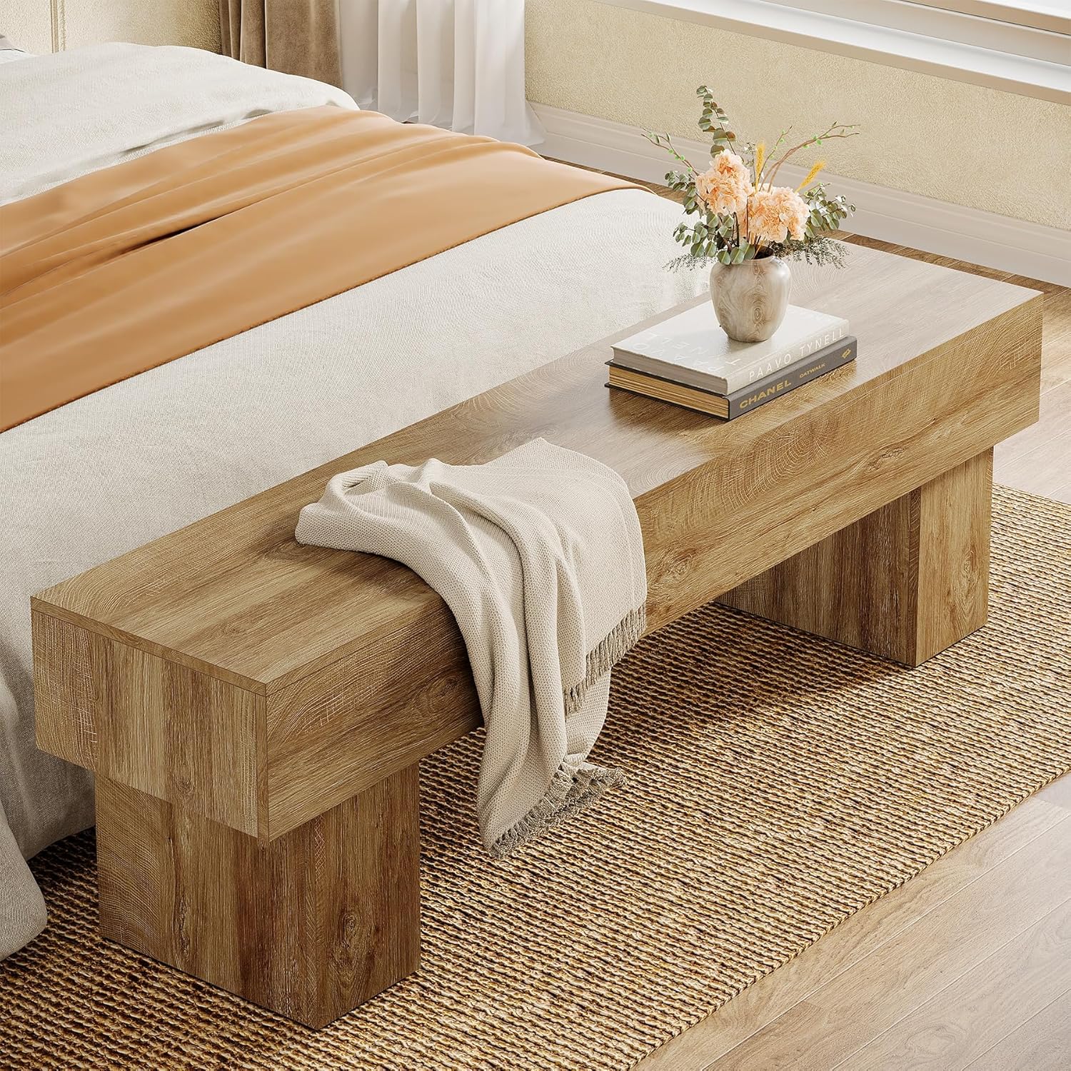 Tribesigns 63" Long Entryway Bench, Rustic Farmhouse End of Bed Bench, Wooden Shoe Bench Seat for Hallway, Living Room, End of Bed, Light Brown
