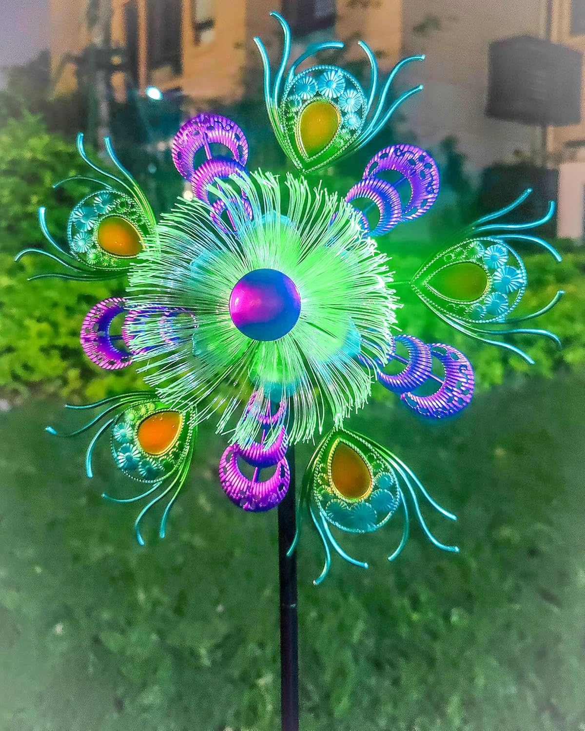 Solar Peacock Wind Spinners for Yard & Garden - 40 Inch Metal Wind Sculpture, Kinetic Windmill with Multi Color LED Lights, Lawn & Patio Art Decor