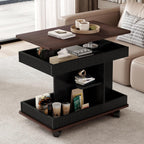 Modern Adjustable End Table with Wheels, 360° Rotating and Adjustable Lift-Top Design, Multifunctional Sofa Side Table with Storage Space for Living Room, Small Space (Black+Brown/508)