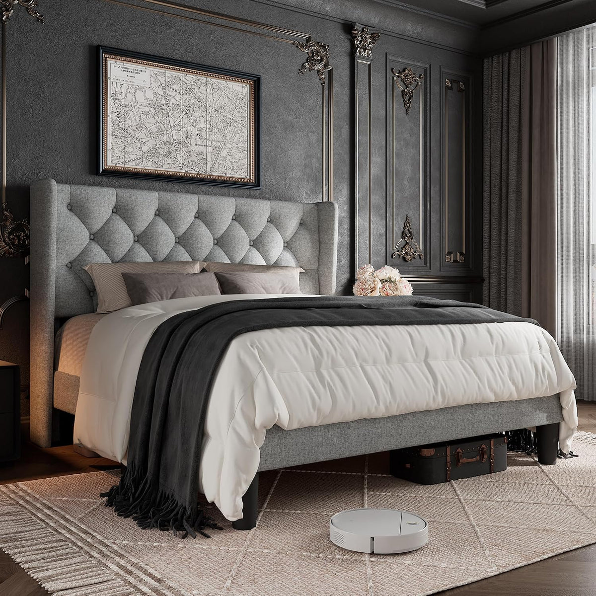 GalnFu Queen Size Bed Frame with Button Tufted Headboard, Upholstered Platform Bed Frame with UnderBed Storage, Wooden Slats Supports, Noise Free, No Box Spring Needed, Easy Assembly, Light Grey