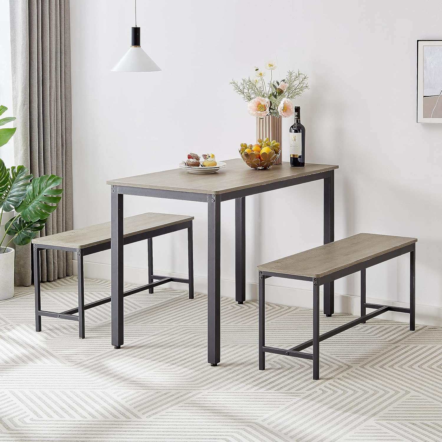 Dining Table Set for 4, Small Kitchen Table with 2 Benches, Industrial Counter Height Pub Table, 3-Pieces Bar Table and Chairs Set for Home Kitchen Breakfast Table, Grey, 43.3″L x23.6″W x 29.9″H