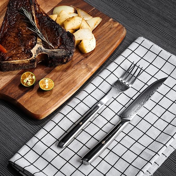 Sunnecko Damascus Steak Knife Set Non Serrated, Japanese VG10 Stainless Steel Steak Knife and Fork Set of 2, 5 Inch Steak Knives G10 Handle with Gift Box