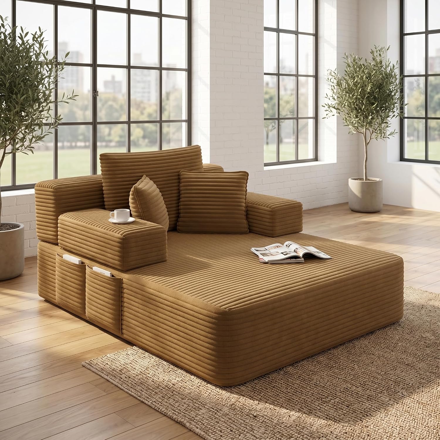 61 inch Floor Chaise Lounge Chair Indoor, Oversized Corduroy Lounge, Deep Seat Sofa Bed for Living Room, Comfy Reading Nook Chair for Small Spaces, No Assembly Required, Camel