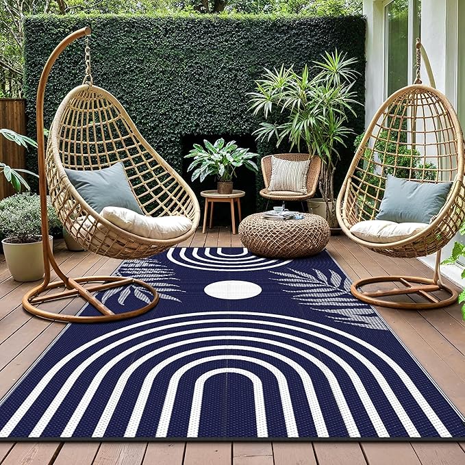 GENIMO Outdoor Rug 6' x 9' Waterproof for Patio Clearance, Reversible Lightweight Plastic Straw Camping Carpet, Large Area Rugs Mats for Rv, Backyard, Deck, Porch, Picnic, Balcony, Mix-Blue & White