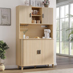 71'' Modern Kitchen Pantry Cabinet with Sliding Tambour Doors& Adjustable Shelves, Built-in Power Outlet, Food Storage Cabinet (Wood Color)