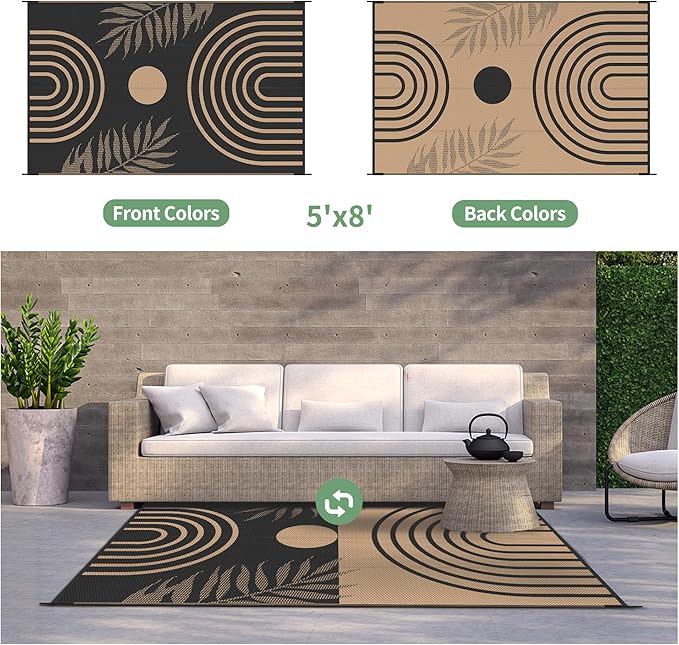 GENIMO Outdoor Rug 5' x 8' Waterproof for Patio Clearance, Reversible Plastic Straw Camping Carpet, Lightweight Rugs Mats for Rv, Backyard, Deck, Porch, Picnic, Balcony, Mix-Black & Brown