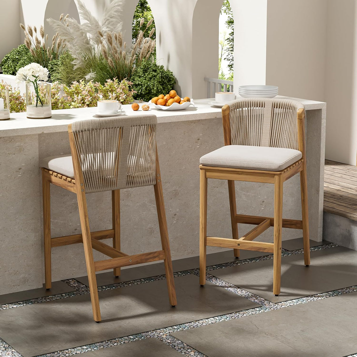 Christopher Knight Home Cuz Patio Barstool Set of 2, Outdoor Counter Height Stool with Sturdy Acacia Wood Frame and Rope Backrest, Bar Stool with Seat Cushion for Backyard Garden, Beige + Teak
