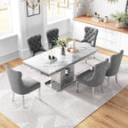 AF ARTISAN FURNITURE 7 Piece White Marble Dining Table, 70'' Rectangle Faux Marble Kitchen Table Set for 6 with Silver Mirrored Finish Stainless Steel Chairs, Luxury Dining Room Table Set for 6