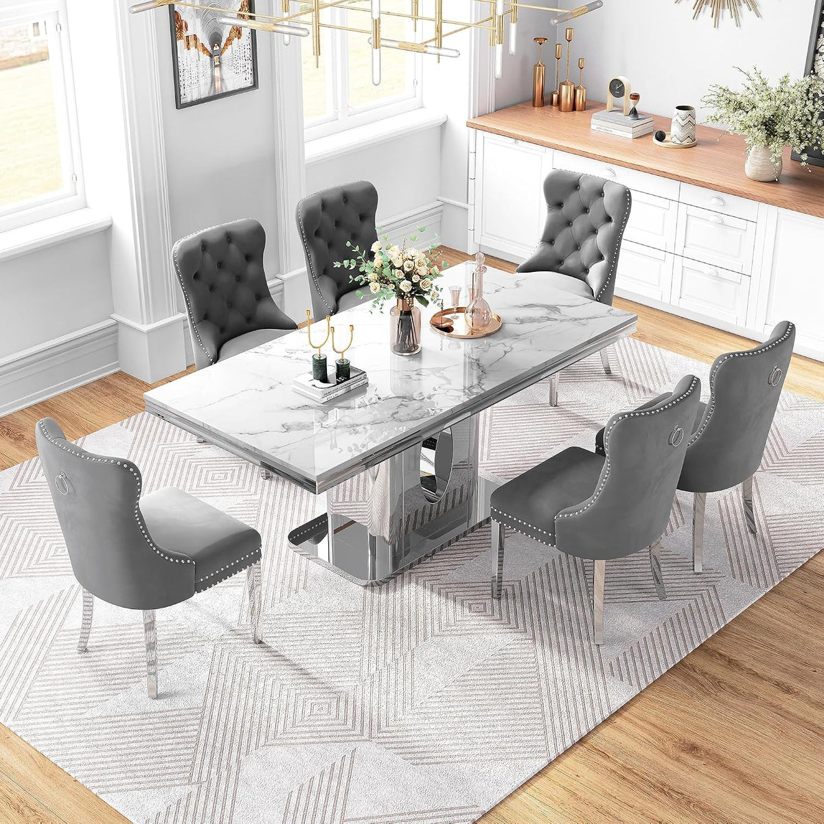 AF ARTISAN FURNITURE 7 Piece White Marble Dining Table, 70'' Rectangle Faux Marble Kitchen Table Set for 6 with Silver Mirrored Finish Stainless Steel Chairs, Luxury Dining Room Table Set for 6
