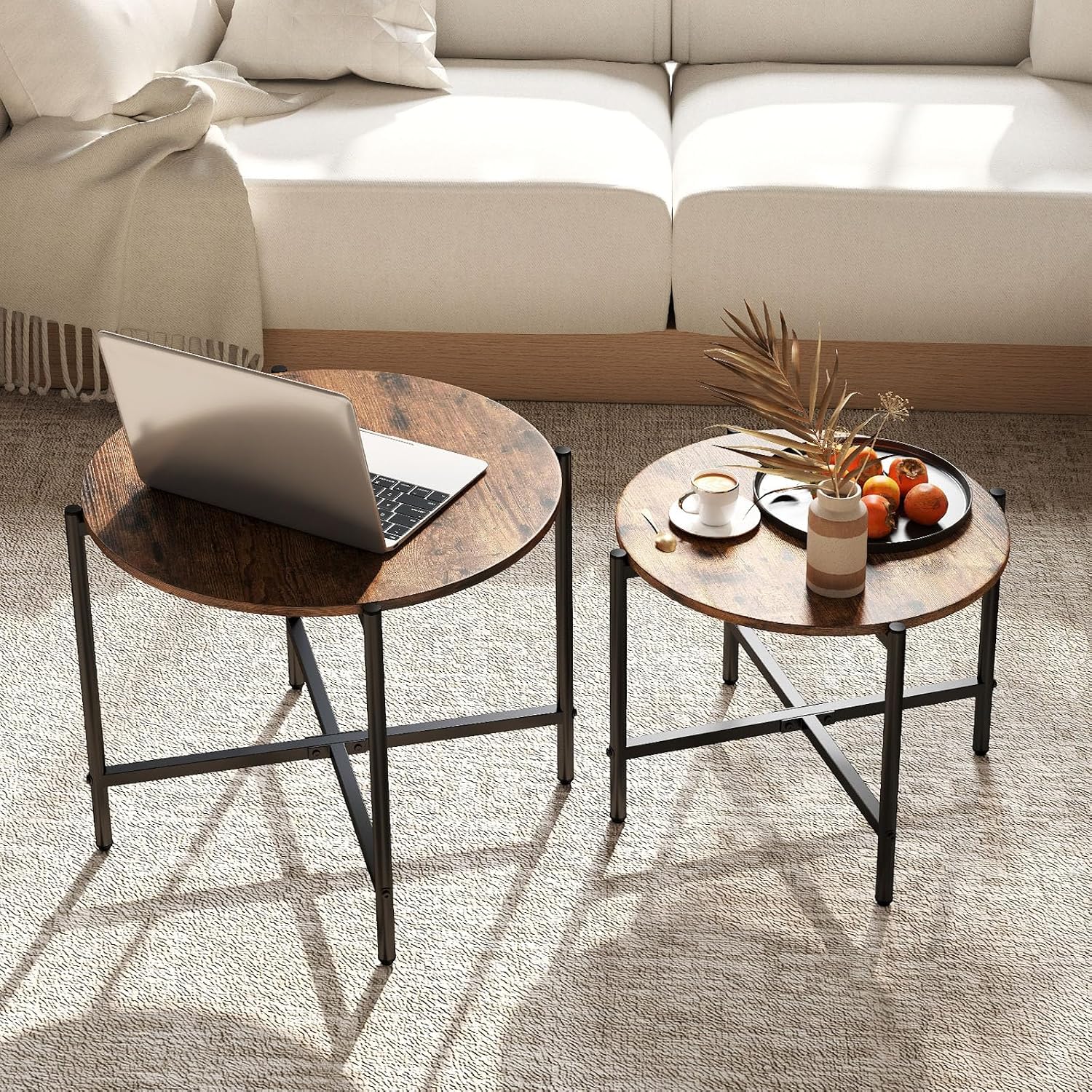 GOFLAME Nesting Coffee Table Set of 2, Round Coffee Tables with Wood Tabletop & Heavy-Duty Metal Frame, Modern Circle End Table & Side Tables, Nesting Tables for Living Room, Bedroom (Rustic Brown)