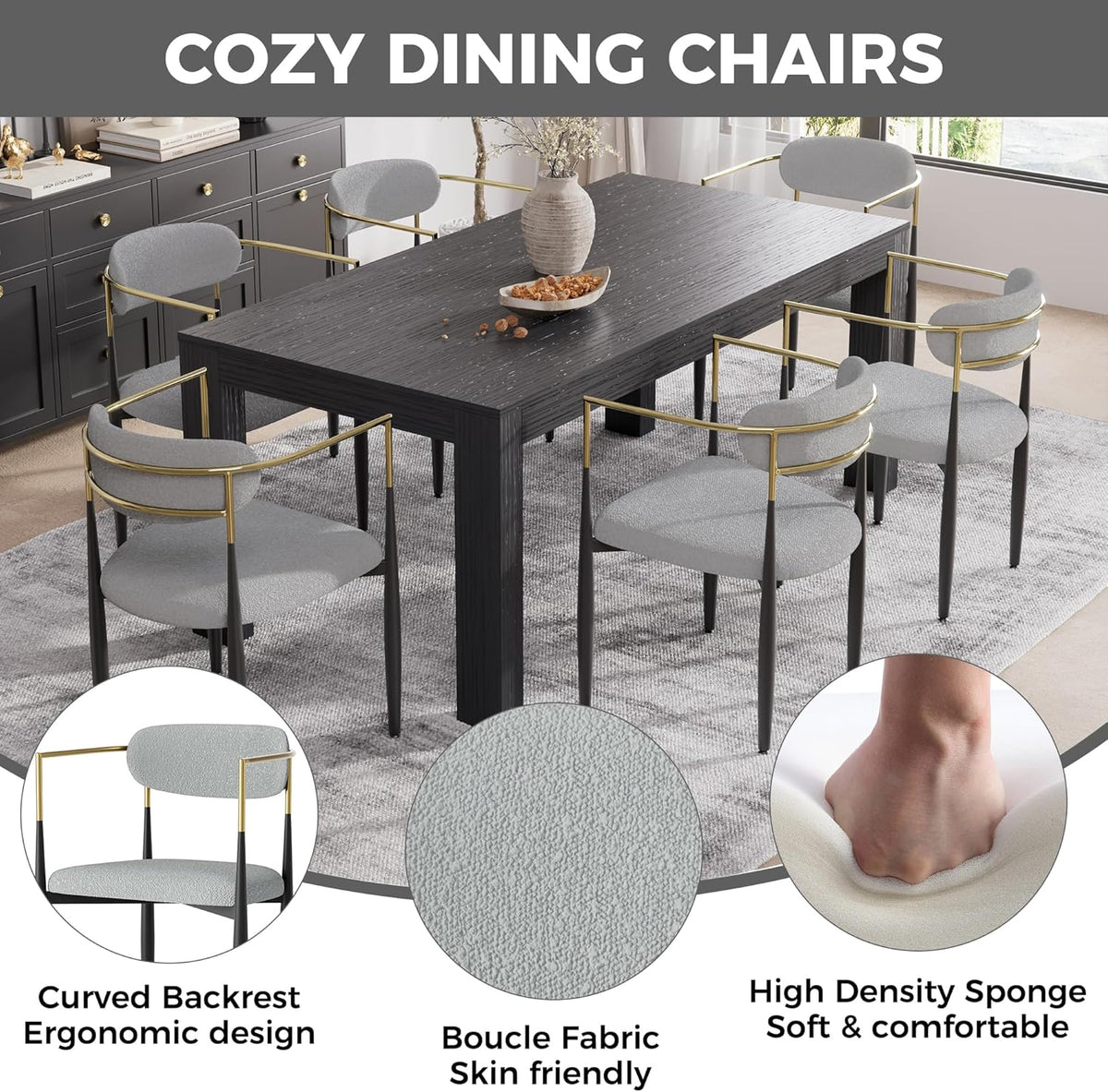 Baysitone Dining Chairs Set of 6 Mid-Century Modern Upholstered Boucle Dining Room Chairs Open Back Curved Backrest Black Metal Legs Gold Armchairs for Kitchen Living Room, Gray(Only Chairs)