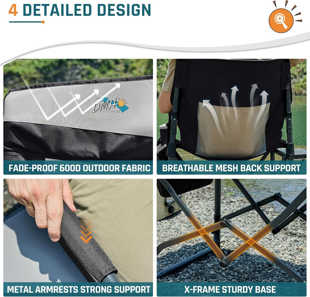 DMH OUTDOORS Camping Directors Chair with Side Table & Breeze Mesh Backrest | Oversized Heavy Duty Lawn Chairs with Pocket, 1-Step Setup Portable Folding Camp Chair for Beach, Sports, Fishing, Tailgating