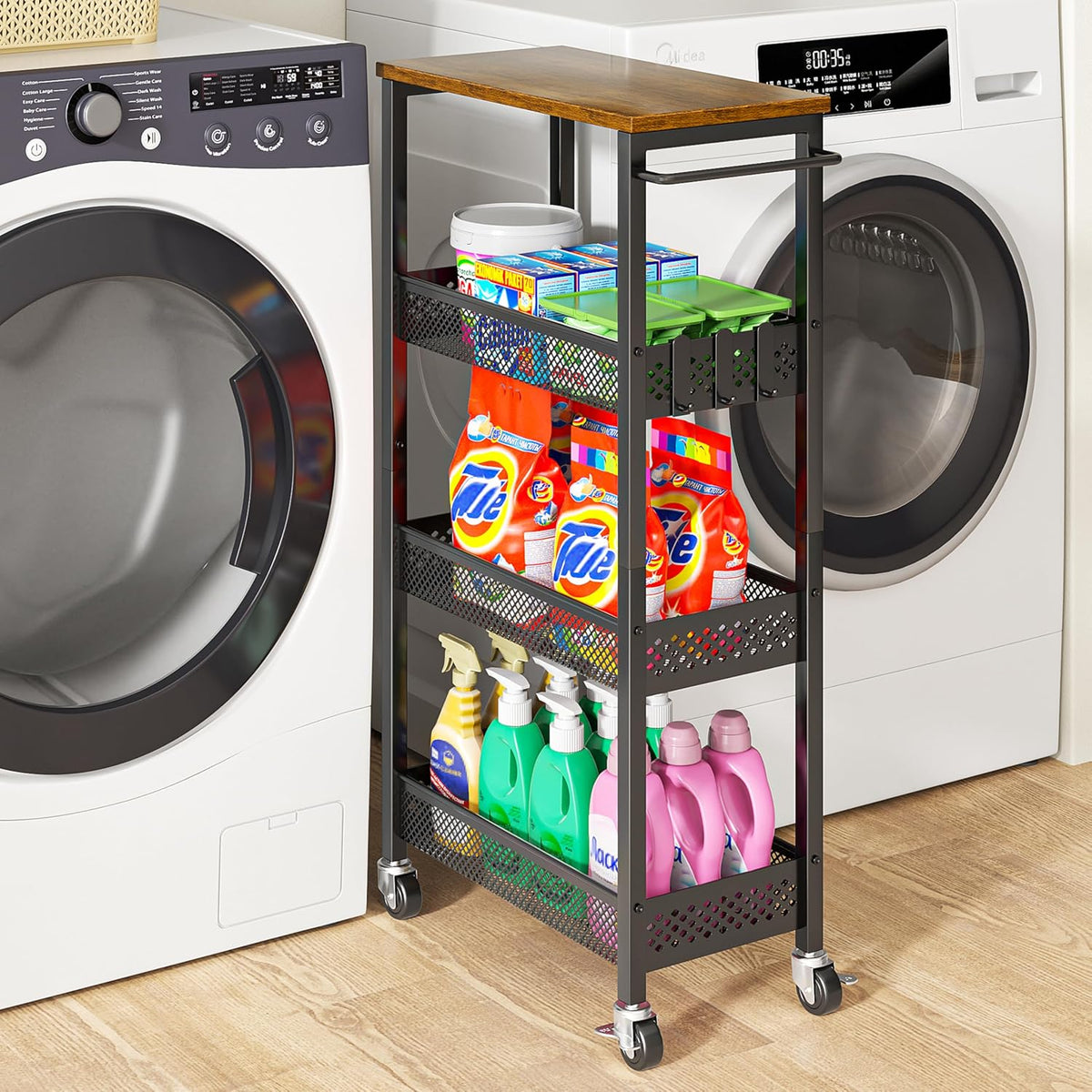 XYZLVSI Slim Rolling Storage Cart, 4 Tier Small Bathroom Cart Organizer | 9.1" W narrow storage cabinet with wooden top and metal handle, ideal for kitchen/dorm, between washer and dryer storage