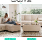 LINSY HOME Storage Ottoman Bench, 40" Convertible Coffee Table Plush Corduroy Foot Rest Ottoman for Living Room, Bedroom, Guest Room, Entryway, Beige