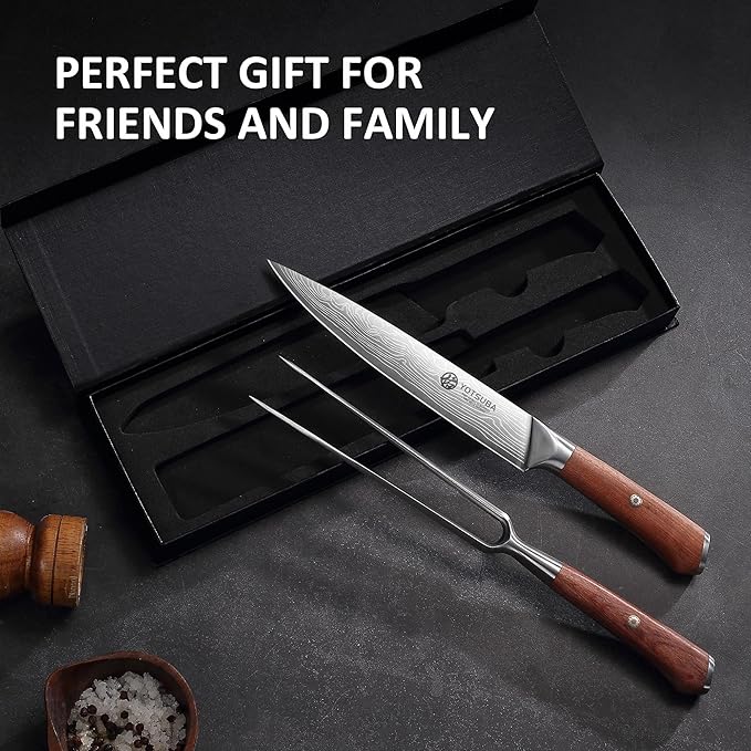 YOTSUBA Carving Knife and Fork Set, Meat Cutting Knife, Razor-Sharp German Stainless Steel Knives Fork Set with Ergonomic Wood Handle, Slicing Knives for Meats, BBQ & Vegetables