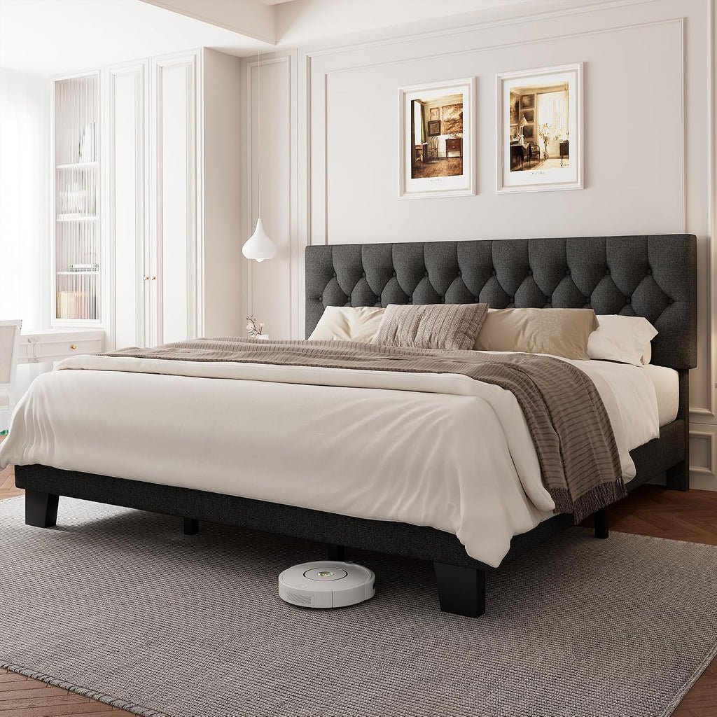 Einhomn King Size Upholstered Bed Frame with Headboard, Tufted Button Linen Bed Base, Platform Bed with Heavy Duty Wood Slat Support, No Box Spring Needed, Easy Assembly, Noise-Free, Dark Grey