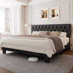 Einhomn King Size Upholstered Bed Frame with Headboard, Tufted Button Linen Bed Base, Platform Bed with Heavy Duty Wood Slat Support, No Box Spring Needed, Easy Assembly, Noise-Free, Dark Grey