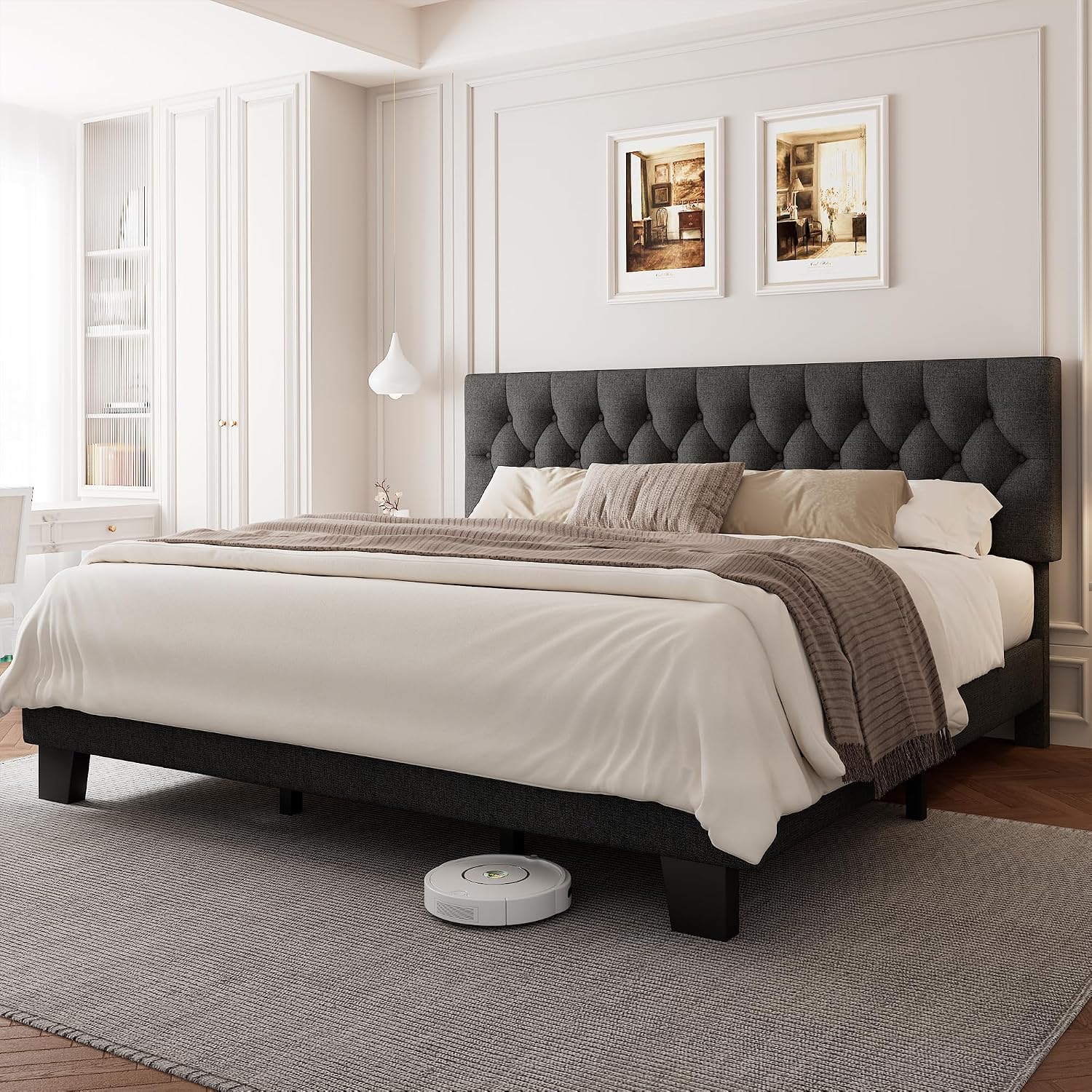 Einhomn King Size Upholstered Bed Frame with Headboard, Tufted Button Linen Bed Base, Platform Bed with Heavy Duty Wood Slat Support, No Box Spring Needed, Easy Assembly, Noise-Free, Dark Grey