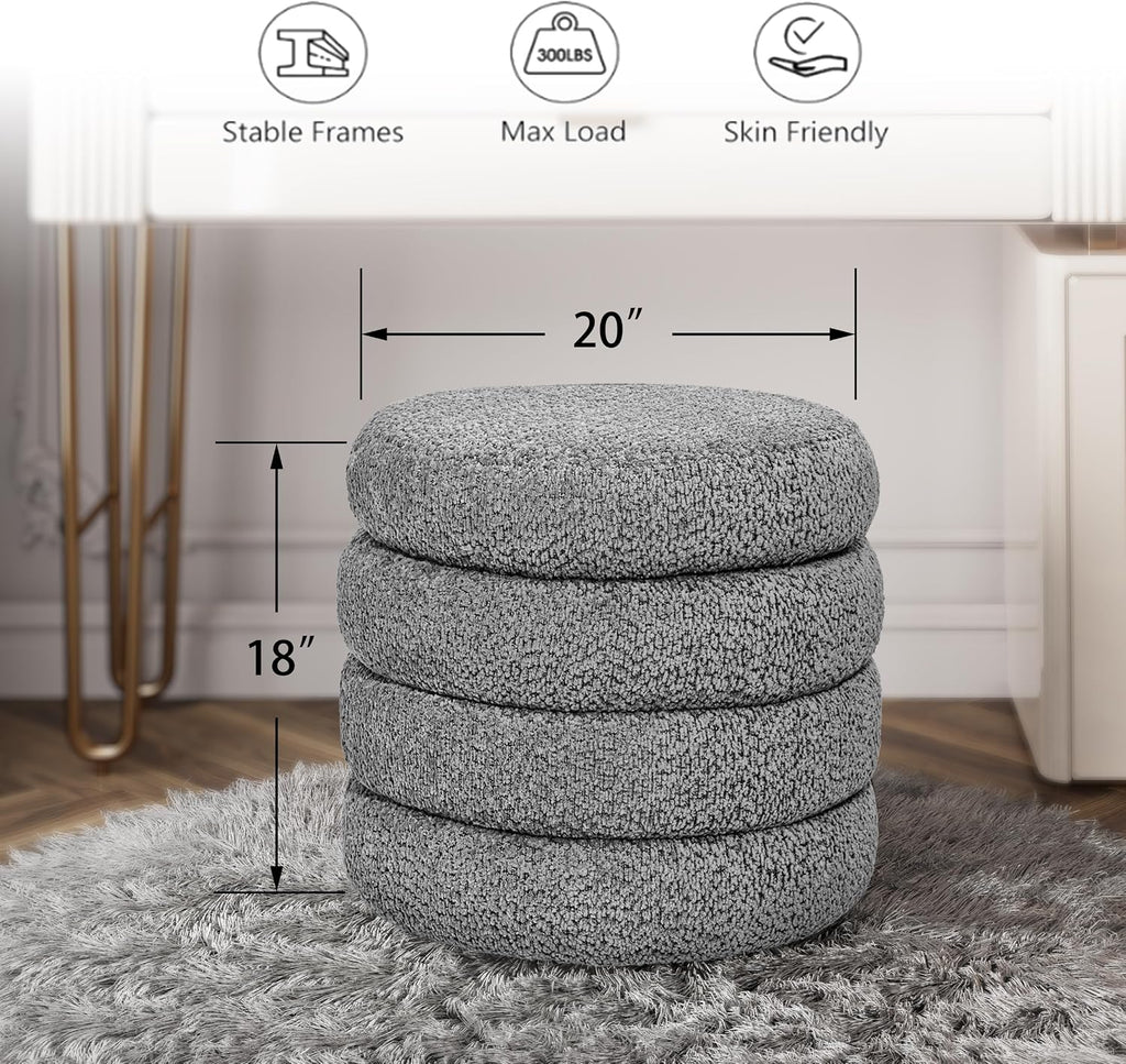 allamazing Storage Ottoman, Round Ottoman with Storage, Vanity Stool Foot Rest with Removable Lid, Round Boucle Upholstered for Living Room Pouf Footstool