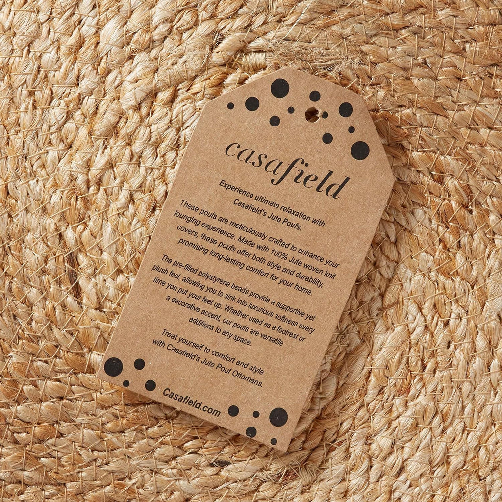 Casafield Hand-Braided Jute Pouf Ottoman Footrest, 14" W x 14" D x 16" H - Round, Natural Boho Home Decor, Woven Accent Footstool for Living Room