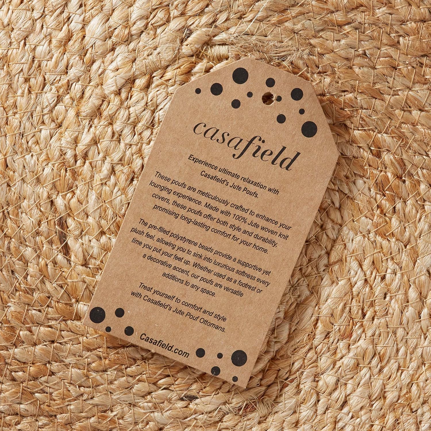 Casafield Hand-Braided Jute Pouf Ottoman Footrest, 14" W x 14" D x 16" H - Round, Natural Boho Home Decor, Woven Accent Footstool for Living Room