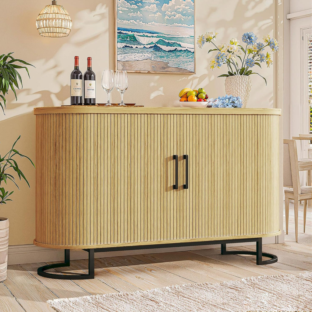 HUAHUU Sideboard Buffet Cabinet with Storage, 47" Fluted Tambour, Adjustable Shelves, Mid Century Modern Console for Living Room Kitchen Wood