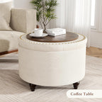 24 Inch Round Storage Ottoman,Modern Tufted Ottomans,Circular Coffee Table with Removable Top,Upholstered Large Ottoman with Storage Footrest Stool for Bedroom Living Room (White)