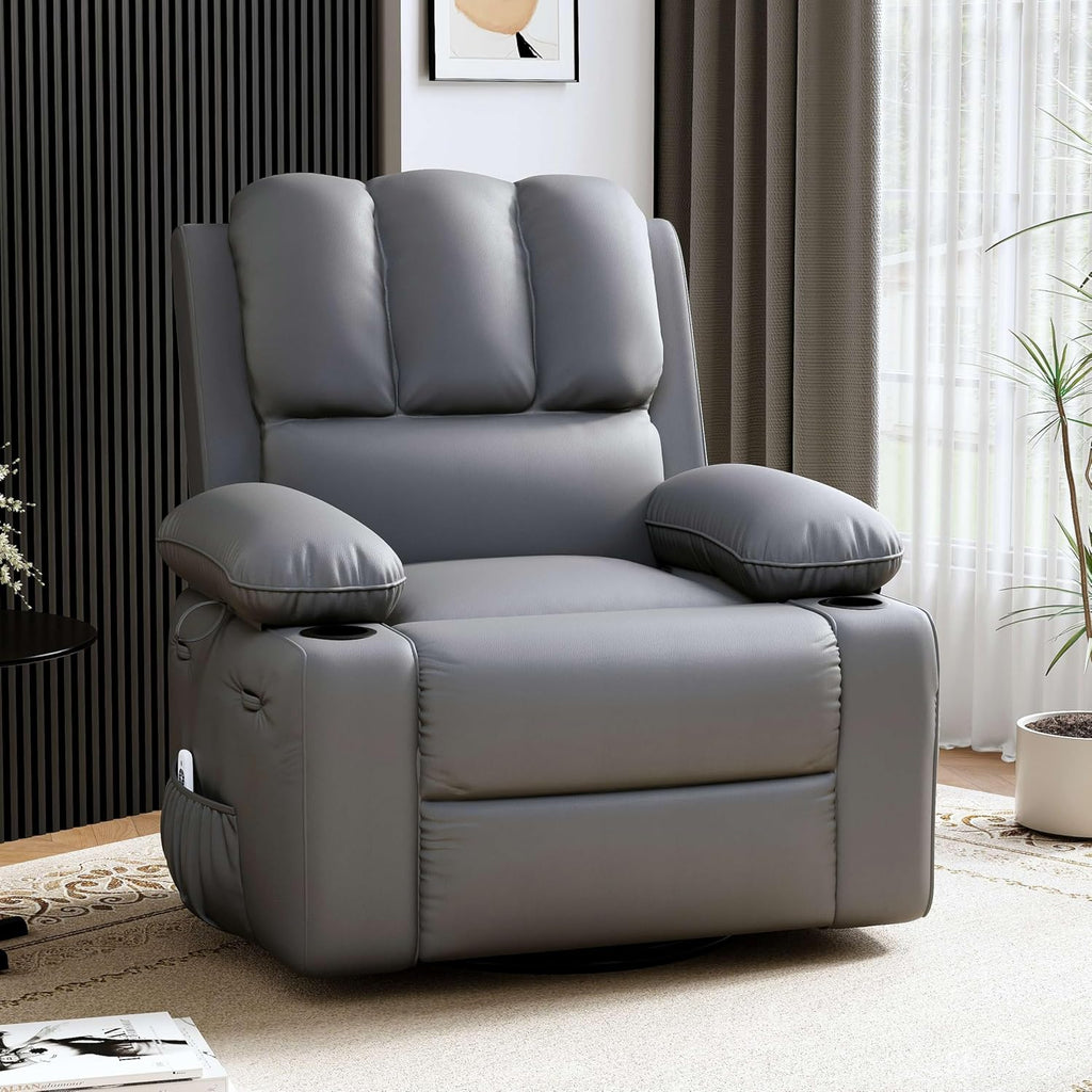 GarveeHome Leather Recliner Chair - Heat and Massage, Swivel Rocker Manual Recliner for Adults, Reclining Sofa Rocking Chair with Side Pocket, Cup Holders for Living Room