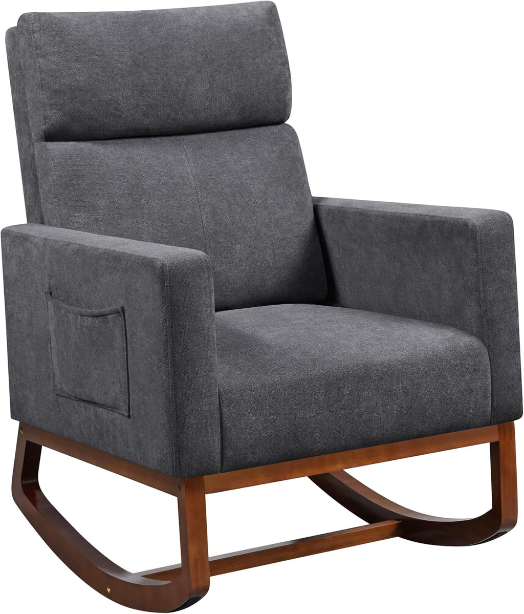 Yaheetech 28in Wide Padded High Back Glider Rocking Chair, Gray Polyester | High Back Nursing Chair with Side Pockets, Thick Foam Glider Chair, Rubberwood Base, Leisure Rocker for Living Room Bedroom