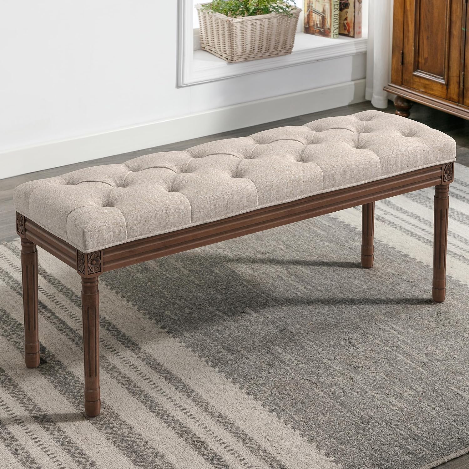 LUE BONA 44" Bedroom Bench, Fabric End of Bed Bench, Upholstered French Tufted Ottoman Bench with Carved Dark Brown Wood Legs for Bedroom End of Bed, Living Room, Linen