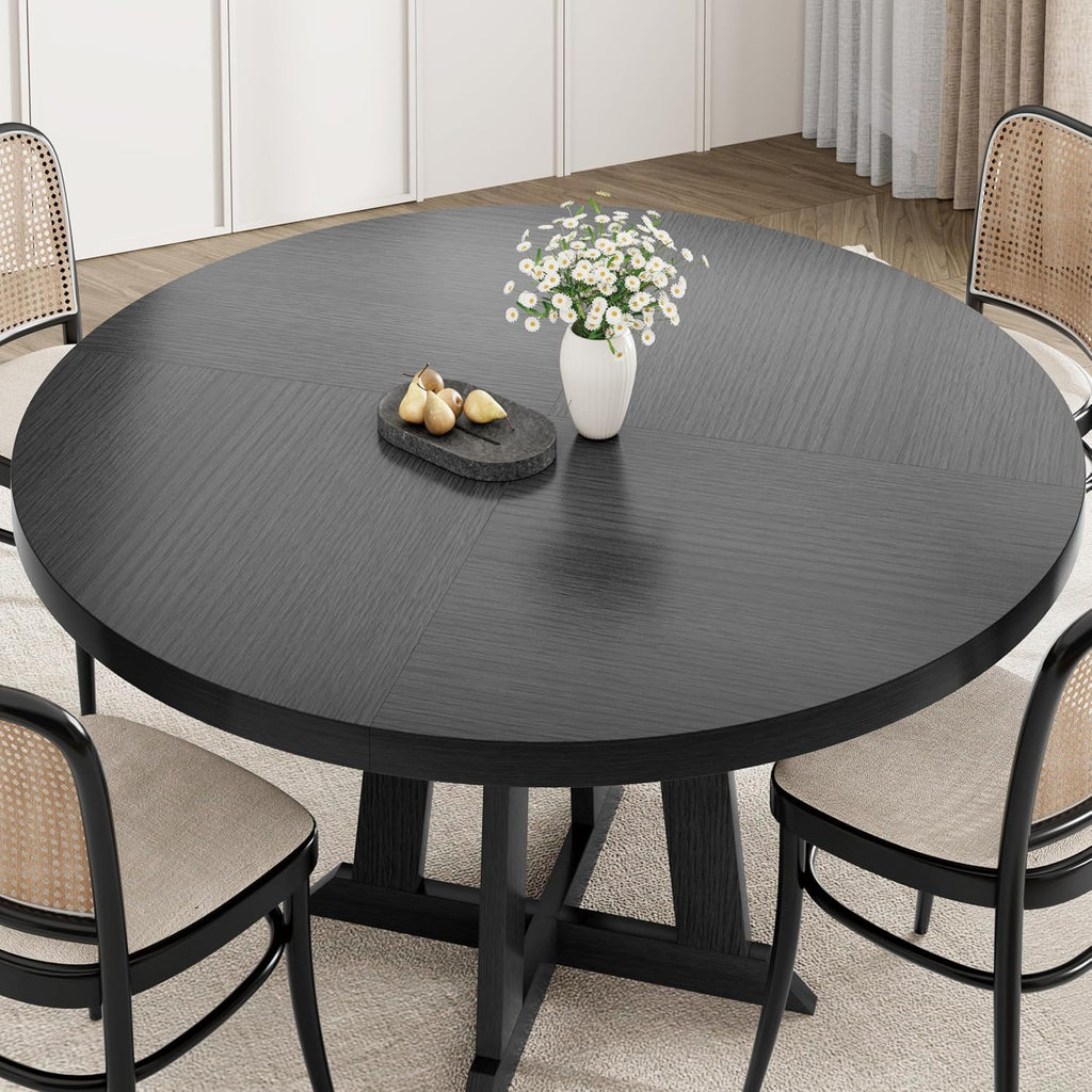 47" Round Dining Table for 4–6 People, Farmhouse Wooden Kitchen Table with Reinforced Legs, Dining Room Table with Adjustable Foot Pads for Home & Restaurant,Black