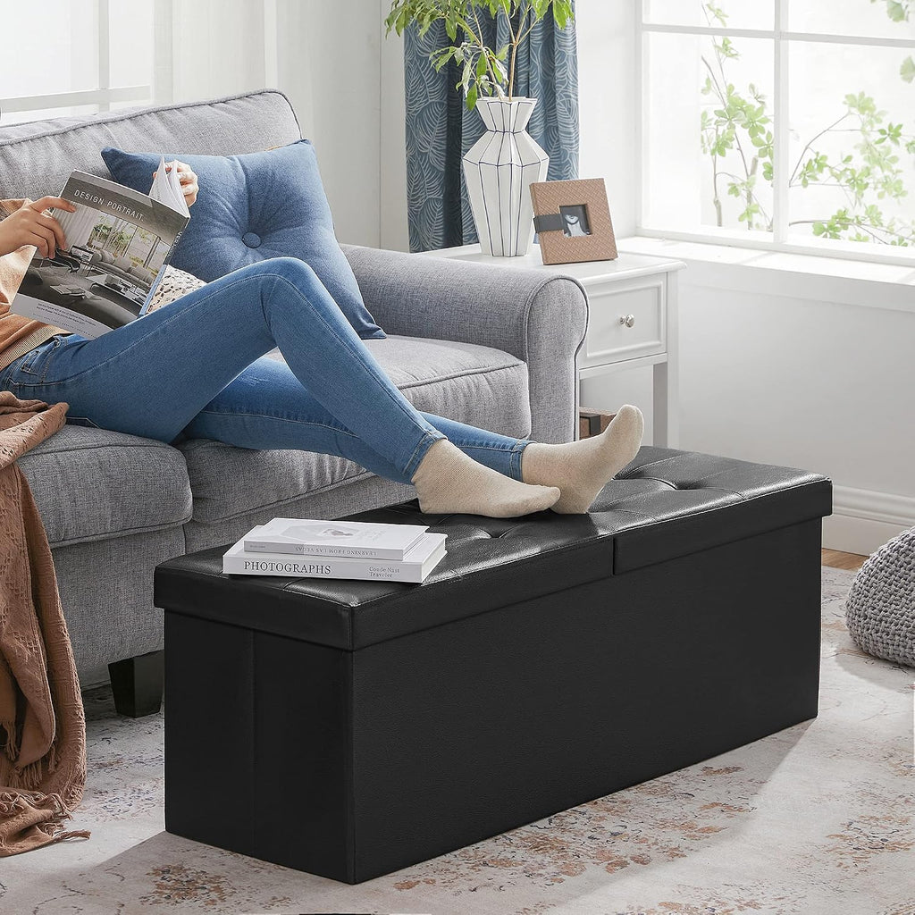 SONGMICS 43.3 Inches Folding Storage Ottoman Bench with Flipping Lid | Storage Chest Footrest Padded Seat, Iron Frame Support, Ink Black, MINOTA Collection ULSF75BK