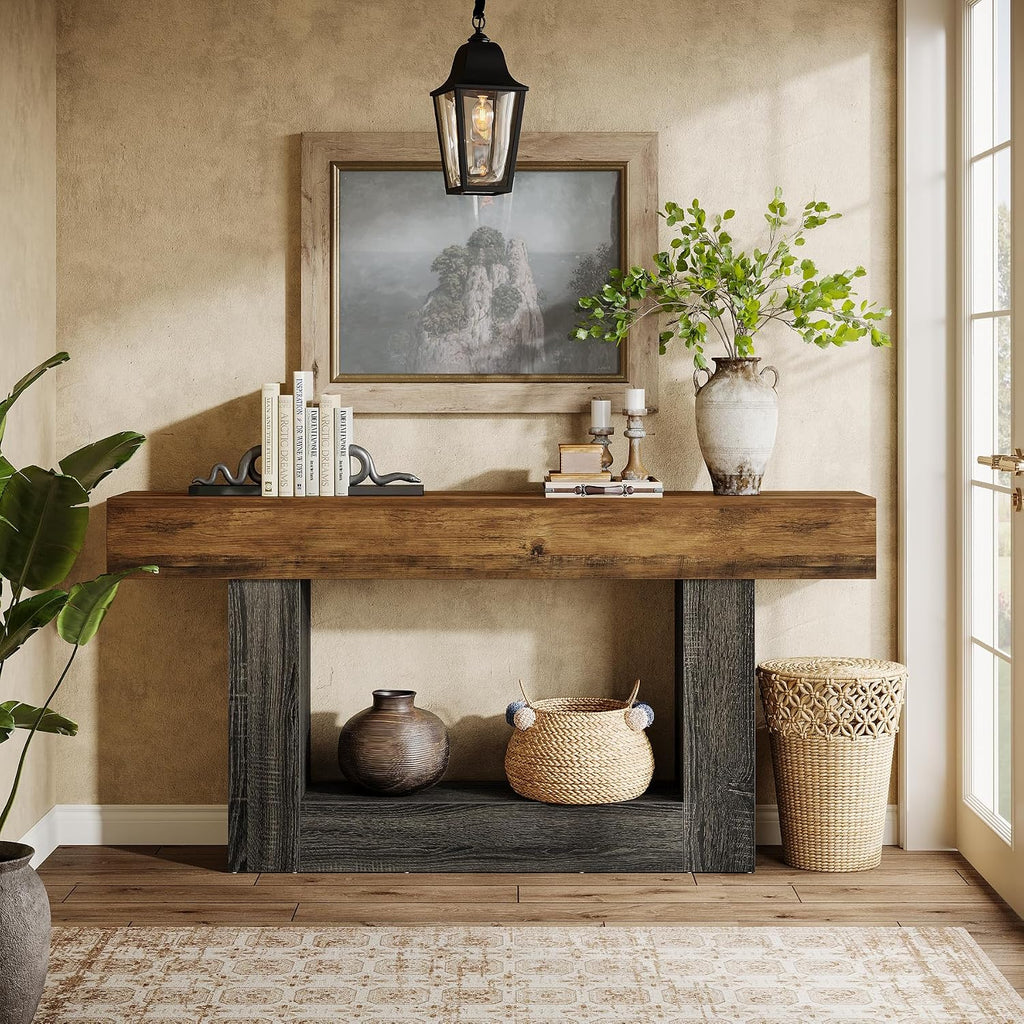 Tribesigns 63-Inch Long Console Table, 2-Tier Entryway Table Sofa Table with Storage, Farmhouse Wood Behind Couch Tables for Living Room, Hallway, Rustic Brown & Gray