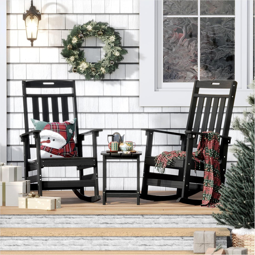 Outdoor Rocking Chair Oversized of 2 & Side Table Set, HDPE All Weather Resistant Patio Rocker, 31.5" High Back 21.5" Deep Seat Porch Chairs Set for Lawn Garden Deck Balcony 400lbs Capacity(Black)