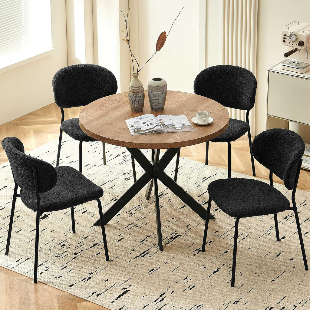 Homedot Kitchen Dining Table Set for 4, Modern Compact Round Dining Breakfast Dinner Table Chairs Set for Apartment Dining Room, Rustic Brown Table with Black Boucle Dining Side Chairs Set