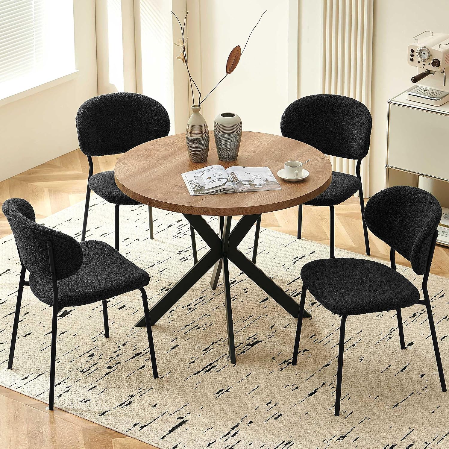 Homedot Kitchen Dining Table Set for 4, Modern Compact Round Dining Breakfast Dinner Table Chairs Set for Apartment Dining Room, Rustic Brown Table with Black Boucle Dining Side Chairs Set