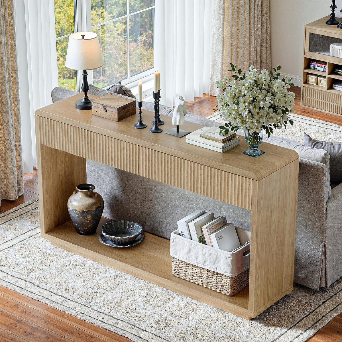 Evermagin 59'' Oak Entryway Table with Drawers, Boho Fluted Console Table, Sofa Table with Storage for Living Room, Entrance, Hallway