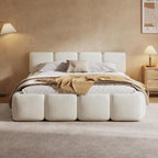 Christopher Knight Home Hazel Queen Size Platform Bed, Boucle Thick Headboard and Footboard, Upholstery Grounded Beds, Block Style, Wood Slat Panel Support, No Spring Box Needed, Easy Assembly, White