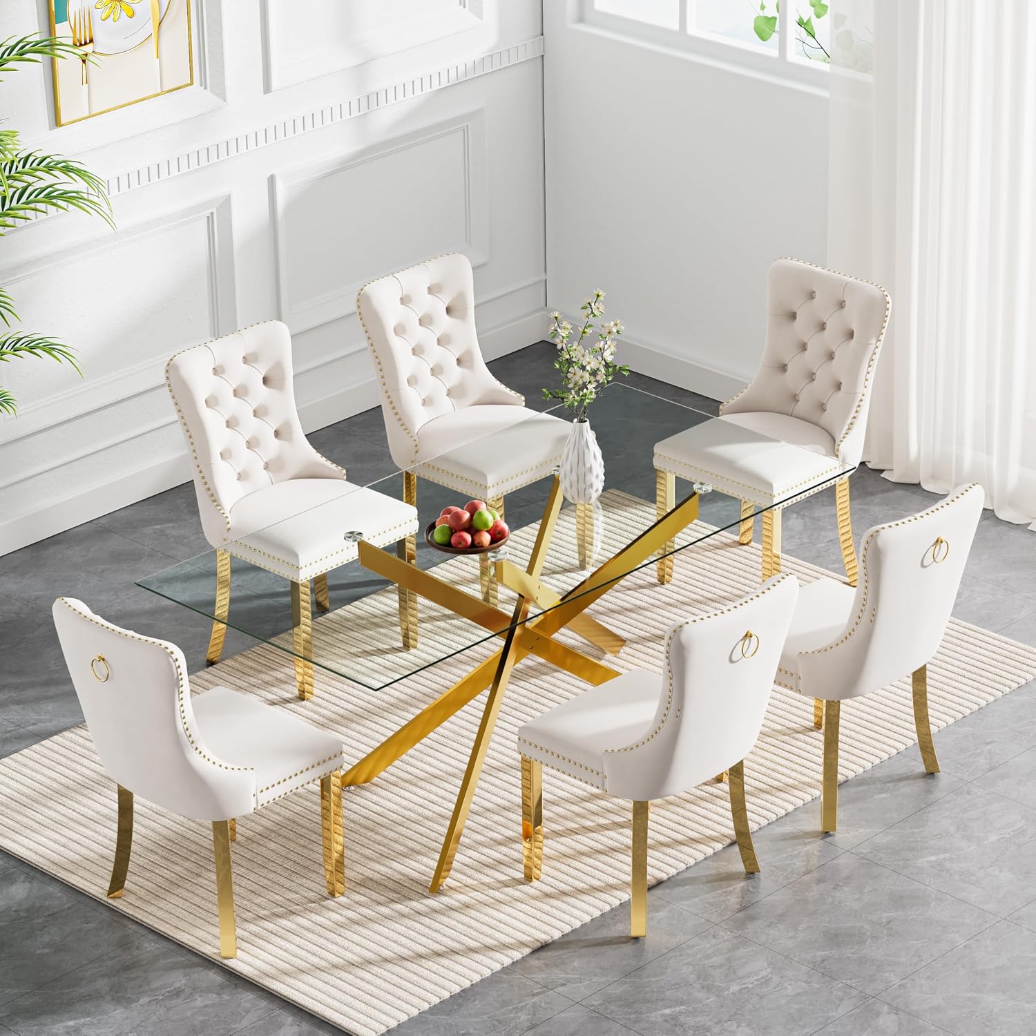 60" Modern Gold Glass Dining Room Table Set for 6, 7-Piece Rectangle Kitchen Dining Table Set with Cross Chrome Metal Legs & 6 Beige Velvet Upholstered Chairs, Kitchen Table and Chairs Set