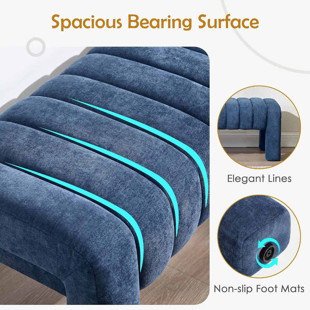 63" Bedroom Bench, Upholstered Entryway Bench, Modern End of Bed Ottoman with Solid Wood Legs and Adjustable Foot Pegs for Entryway, Dining Room and Living Room (Blue Chenille)