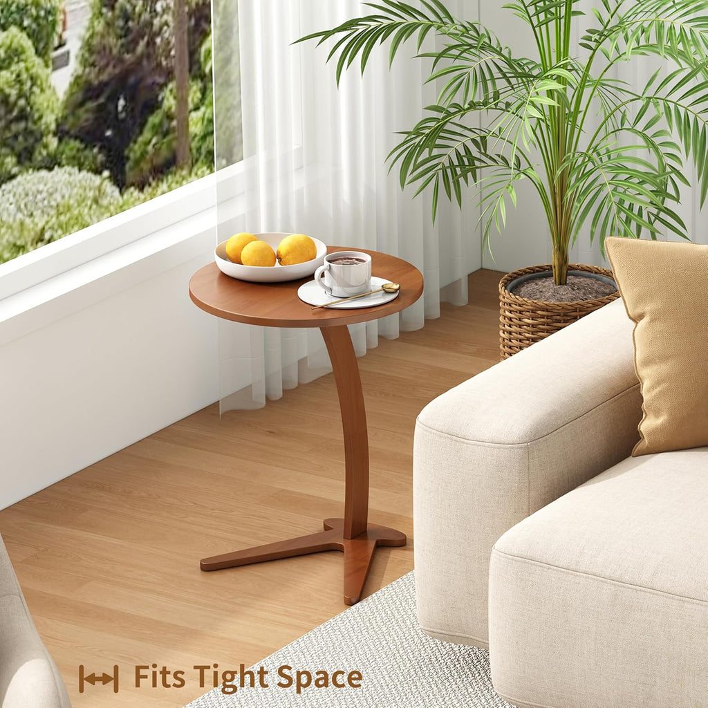 C Shaped End Table, Small Round Side Table for Couch, Slide Under Sofa Tray Desk for Living Room Bedroom, Solid Wood TV Tray Table for Narrow Space (15” Chestnut)