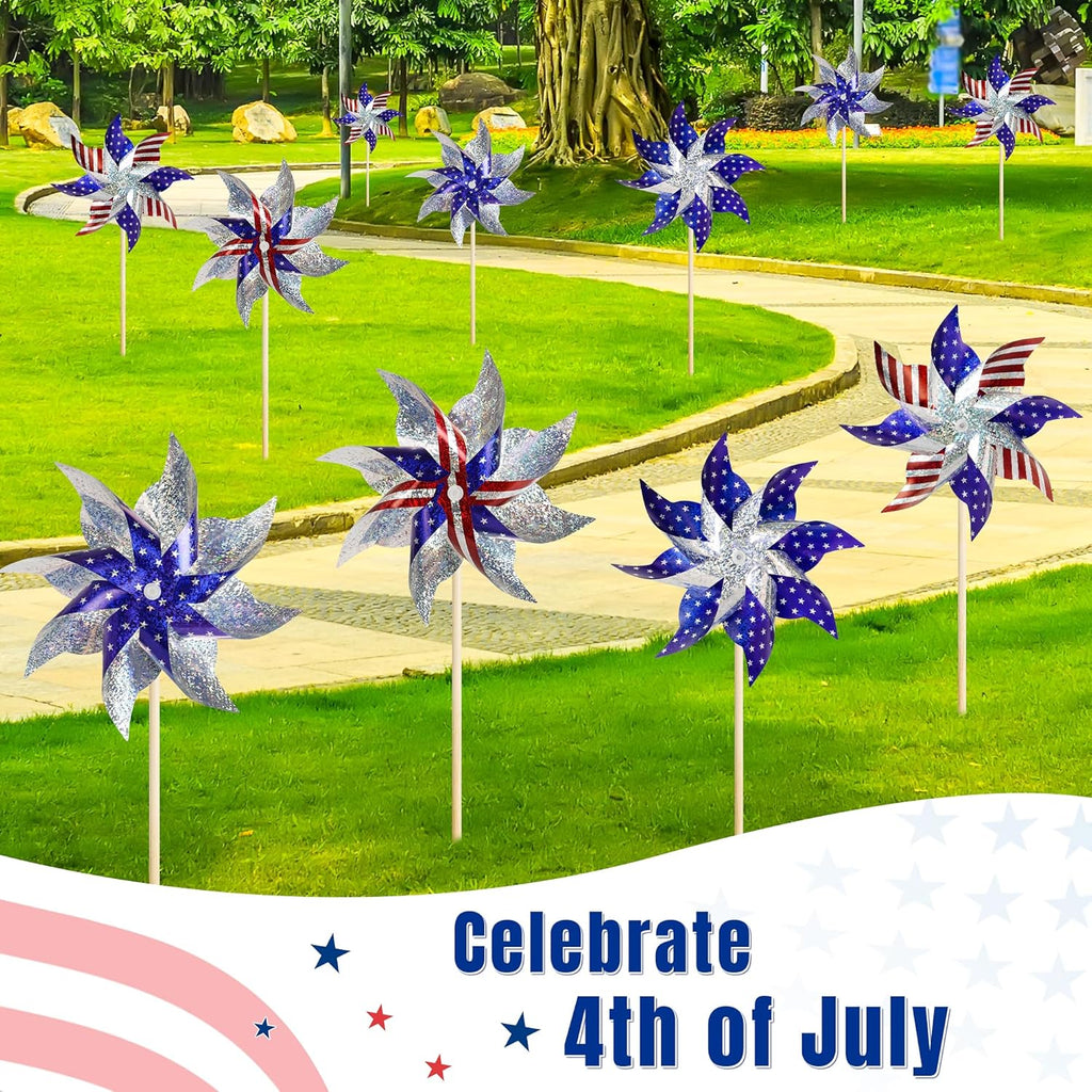 HOOSUN 10 Pcs Patriotic Pinwheels for Yard and Garden,Patriotic Decorations American Flag Pinwheels to Scare Birds Away,Red White and Blue Decorations Reflective Wind Spinners,Veterans Day Decorations