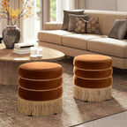 Edward Round Ottoman, Performance Velvet Ottoman, Burnt Orange Footrest with Bullion Fringe, 17.5 Inch Upholstered Seat and Accent Table for Living Room, Bedroom, Entryway