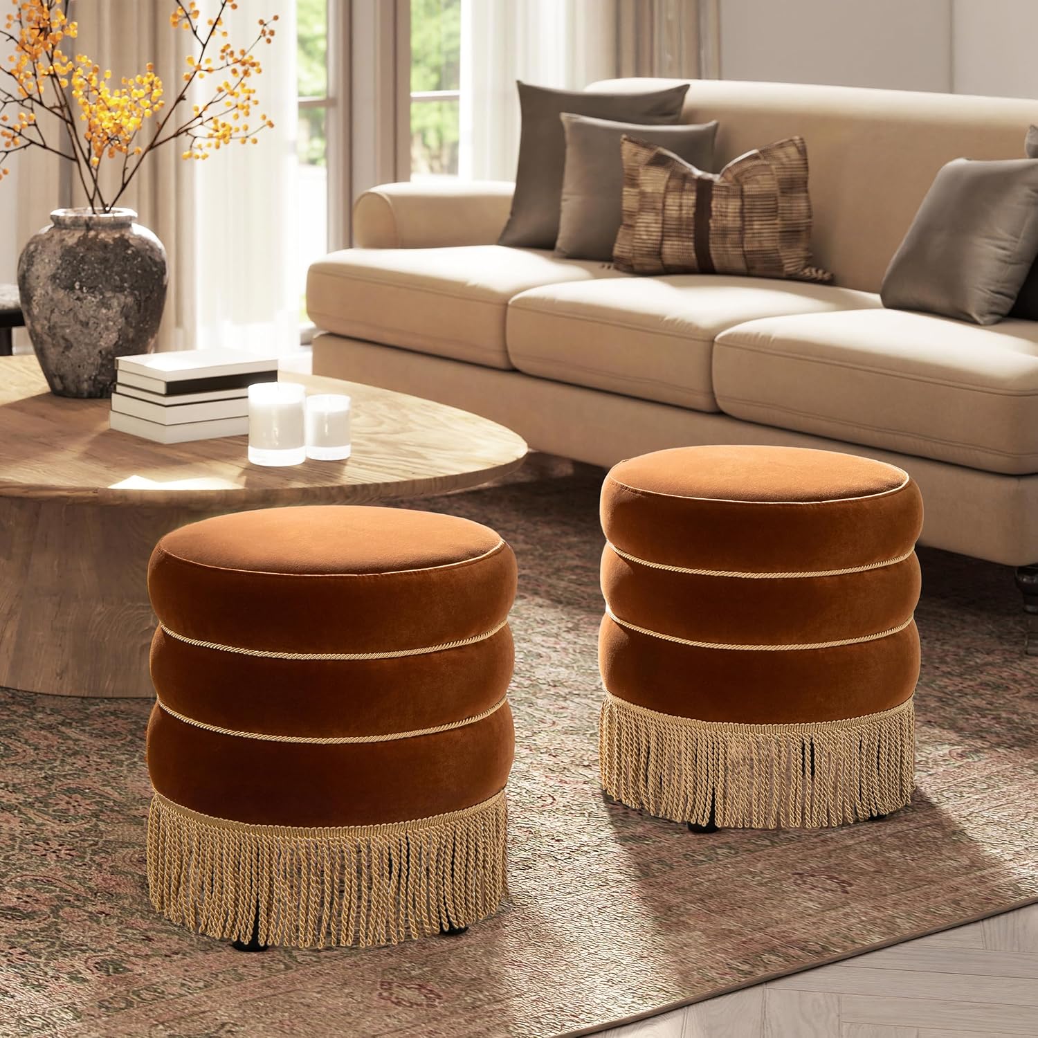 Edward Round Ottoman, Performance Velvet Ottoman, Burnt Orange Footrest with Bullion Fringe, 17.5 Inch Upholstered Seat and Accent Table for Living Room, Bedroom, Entryway