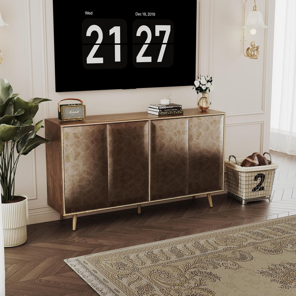 Sideboard Buffet Cabinet with Raised Shaped & Geometric Line Texture Door Panel, Accent Storage Cabinet for Living Room (Cabinet Body- Oak, 4 Door-15 D x 61" W x 34.5" H)