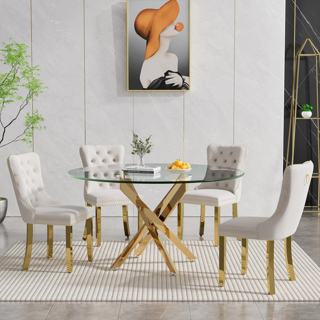 Round Glass Dining Table Set for 4, Small Kitchen Table Set for 4, 47" Circle Gold Glass Table and Chairs Set of 4,5 Piece Round Dining Room Table Set w/Beige Velvet Chairs for Breakfast Dinette Cafe