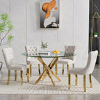 Round Glass Dining Table Set for 4, Small Kitchen Table Set for 4, 47" Circle Gold Glass Table and Chairs Set of 4,5 Piece Round Dining Room Table Set w/Beige Velvet Chairs for Breakfast Dinette Cafe