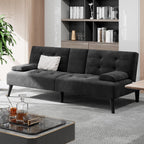Shintenchi 64" Futon Sofa Bed, Velvet Foldable Couch, Upholstered Loveseat Sofa Couch with Folding Cup Holders, Reclining Sleeper with Removable Armrests for Home, Office, Black
