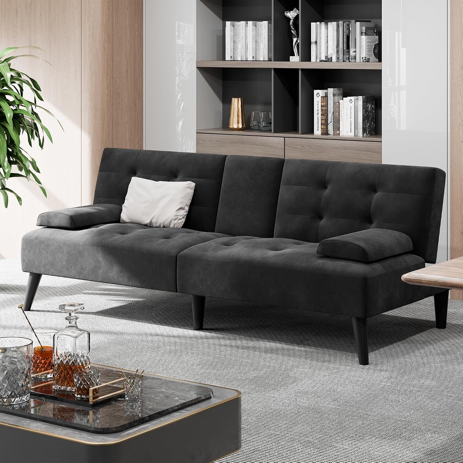 Shintenchi 64" Futon Sofa Bed, Velvet Foldable Couch, Upholstered Loveseat Sofa Couch with Folding Cup Holders, Reclining Sleeper with Removable Armrests for Home, Office, Black
