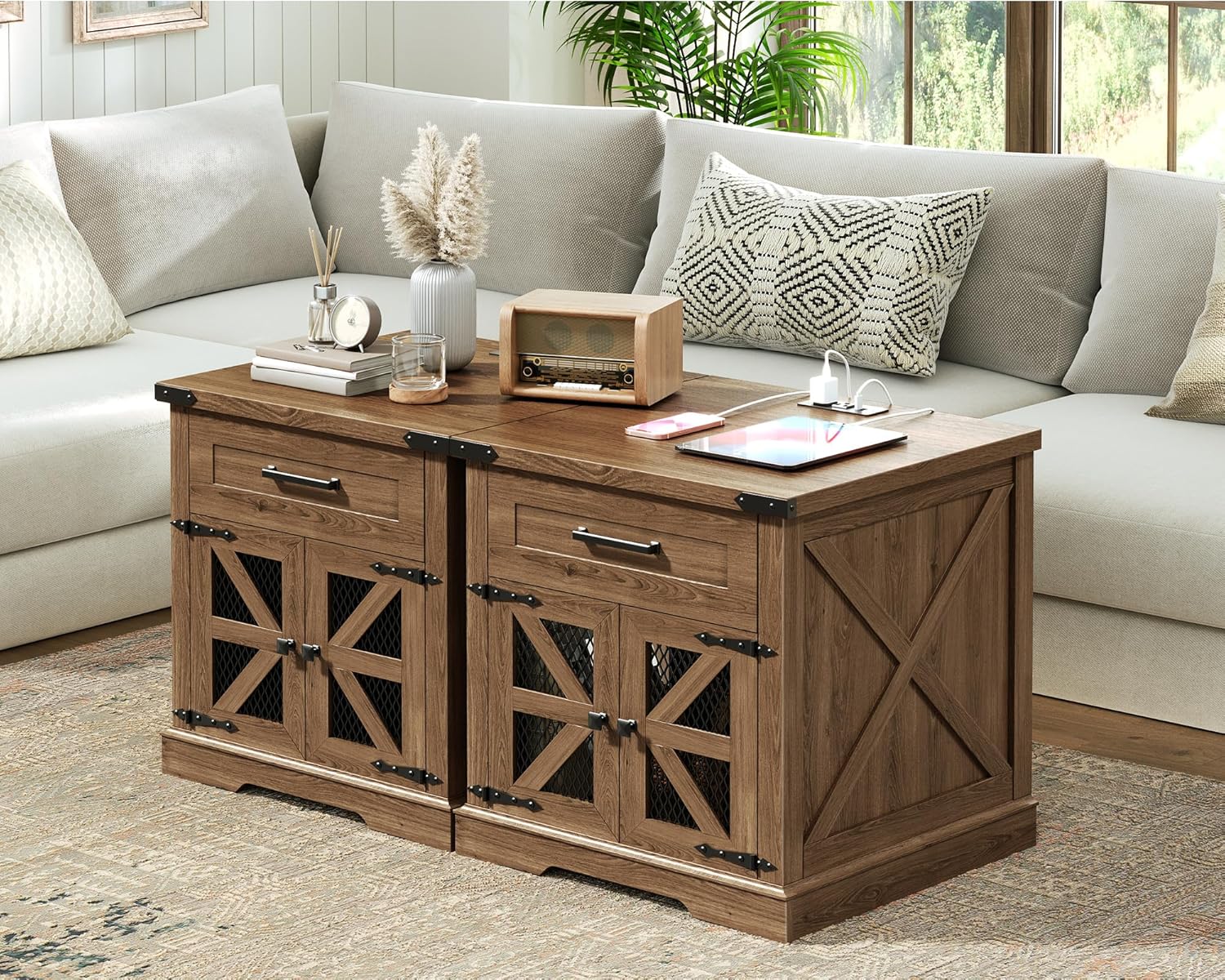 RALGEND Walnut Farmhouse End Table with Charging Station, 24" Large Sofa Side Table with Drawer, Large End Table for Living Room, Wooden Nightstand with Outlet, Square, Walnut